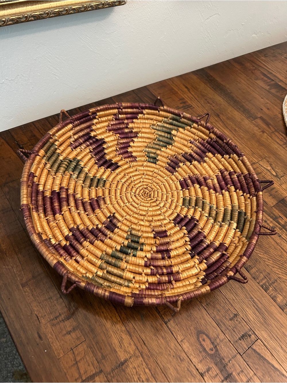 Handwoven Round Decorative Basket Tray - Gold, Burgundy, Olive